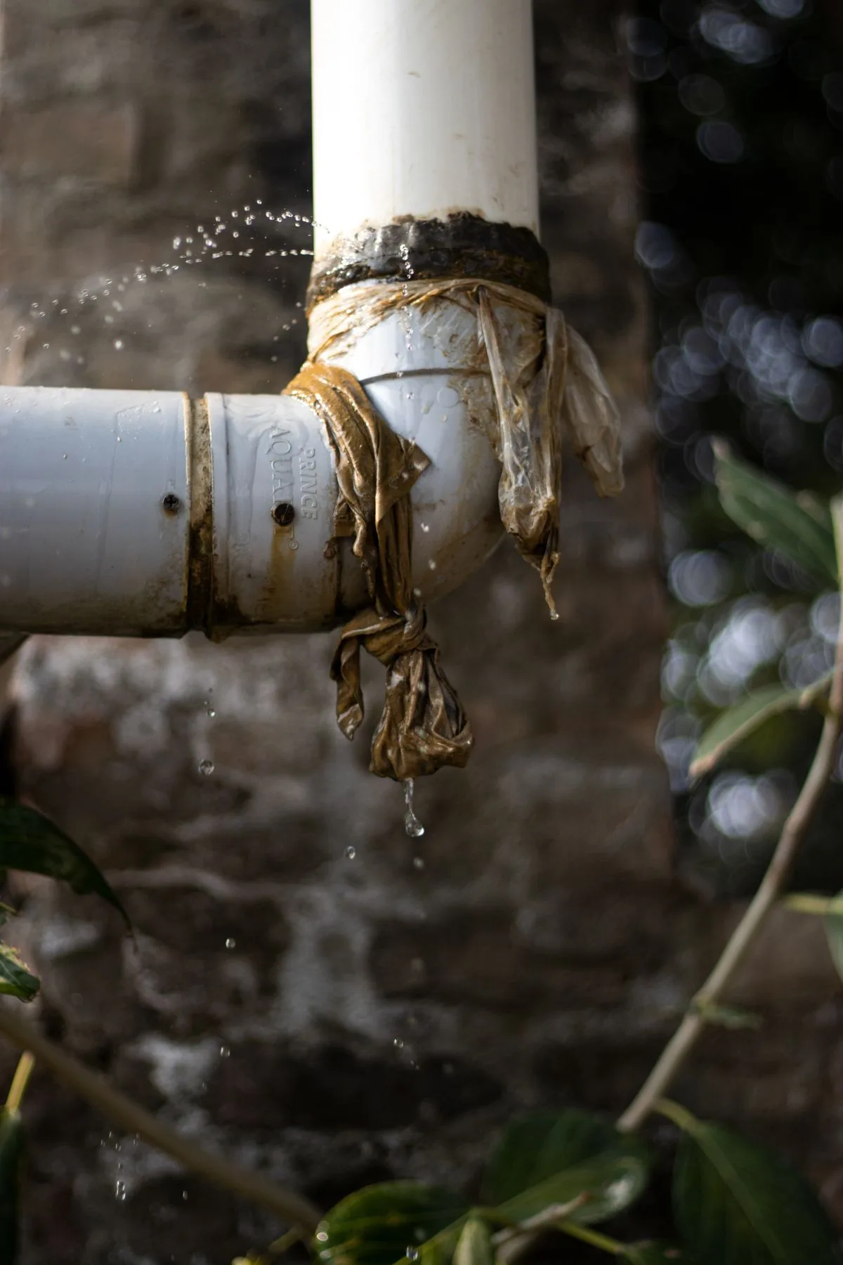 Leaking pipe joint wrapped in cloth with water spraying from the crack