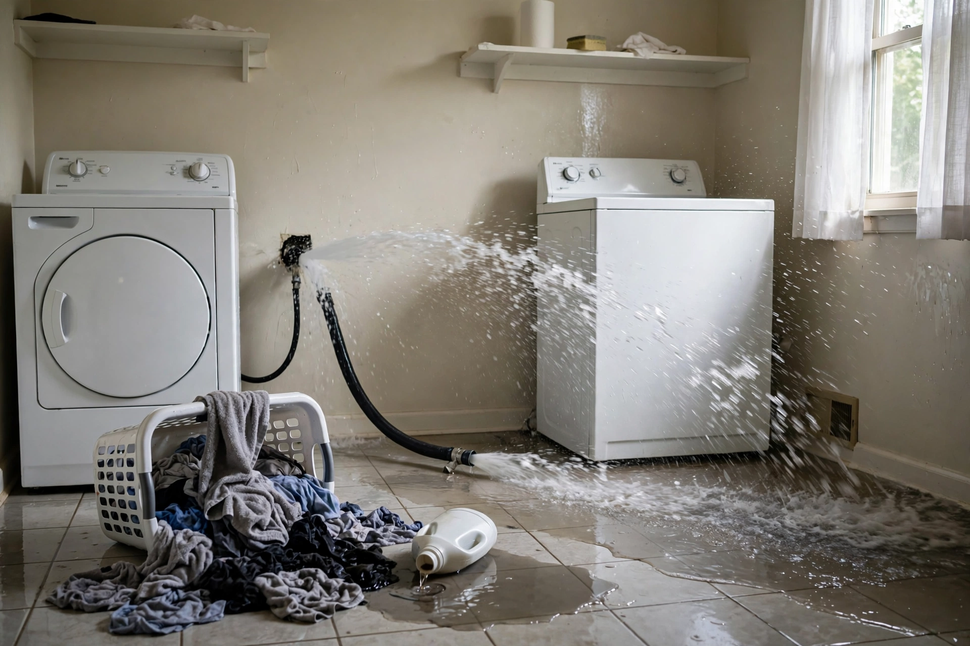 Burst washing machine hose flooding a laundry room