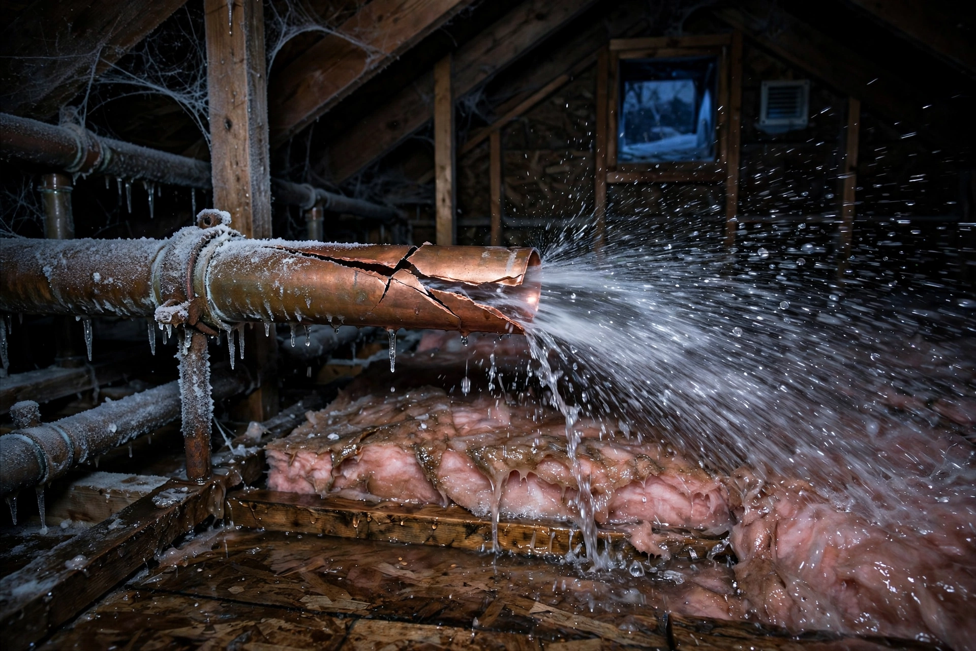 Burst copper pipe spraying water inside a freezing attic