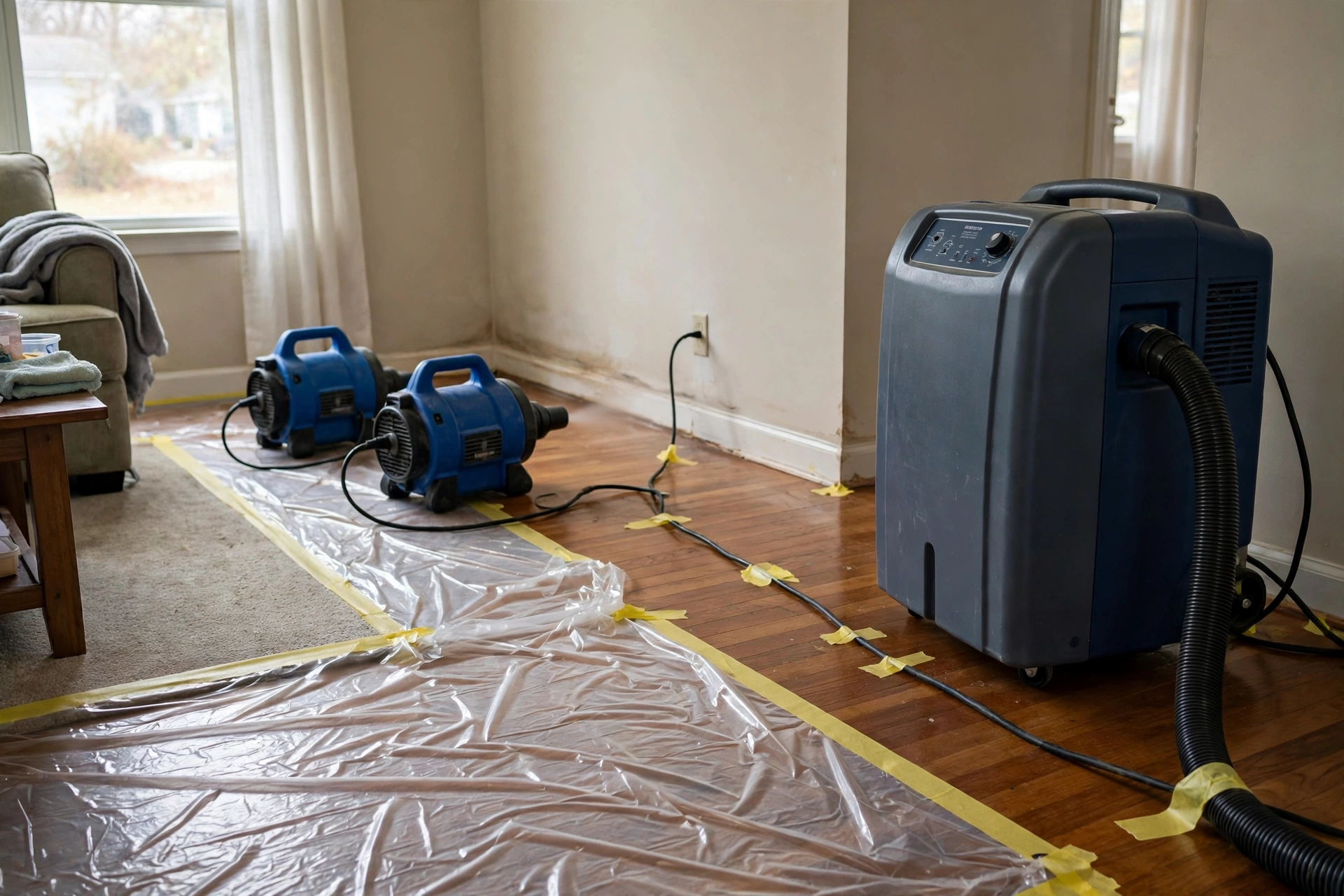 Commercial drying equipment running in a storm-damaged home