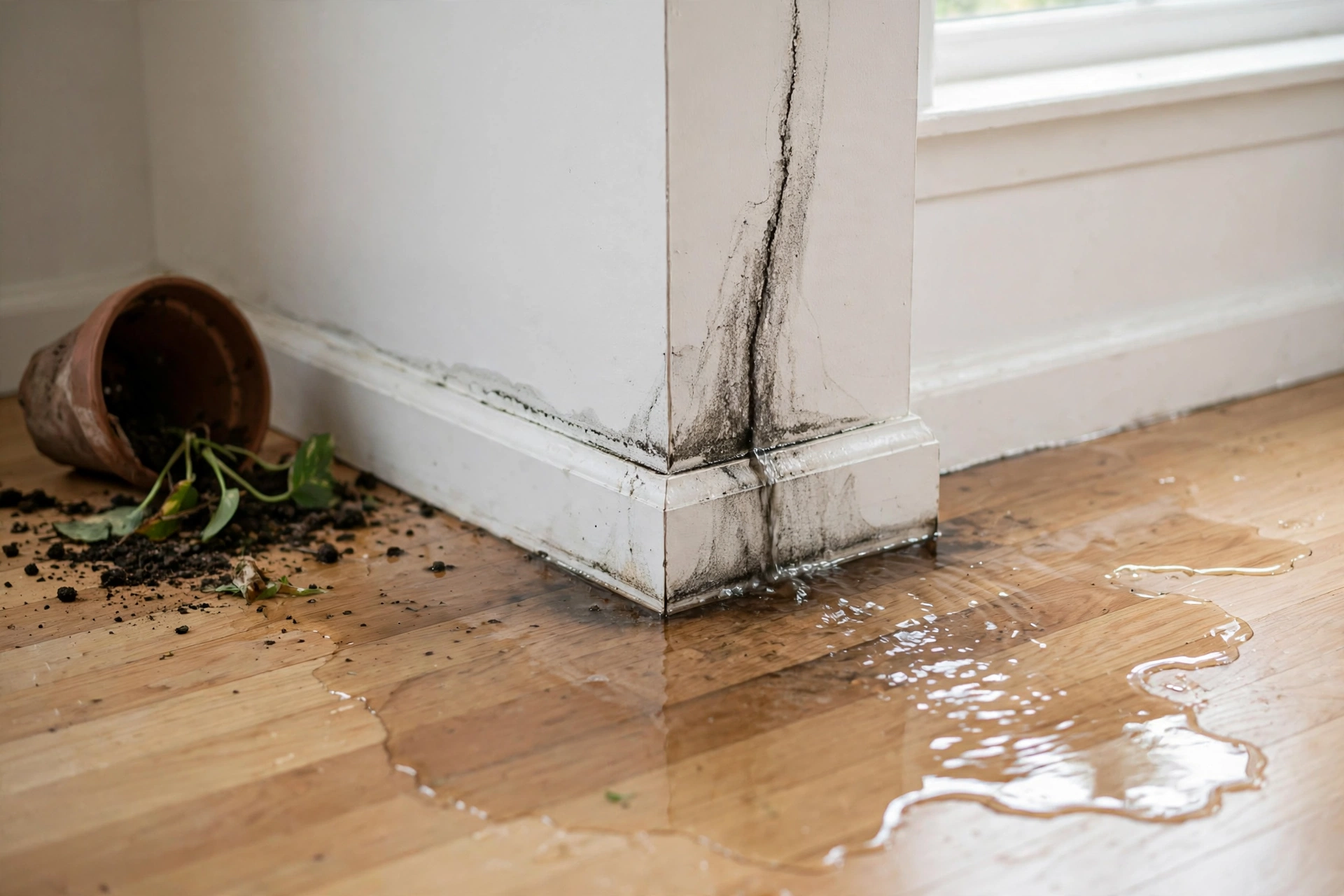 Water spreading across a hardwood floor and wicking up a wall in the first hours