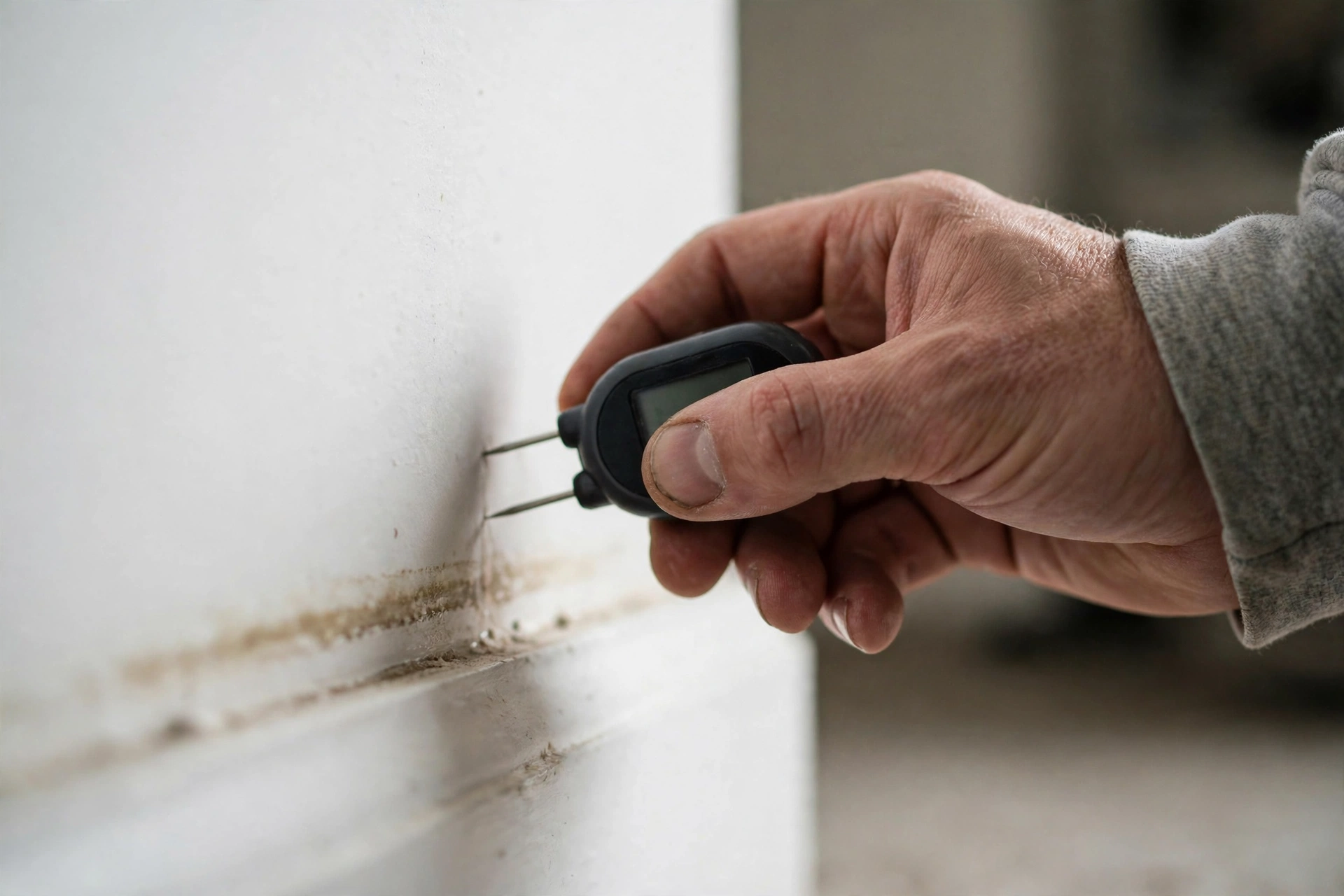 Technician checking hidden moisture in drywall with a pin moisture meter