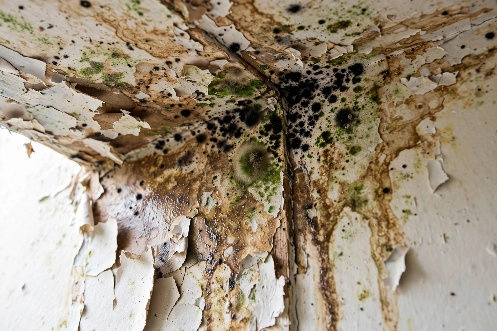 Dark mold growth spreading across a damp interior wall after water damage
