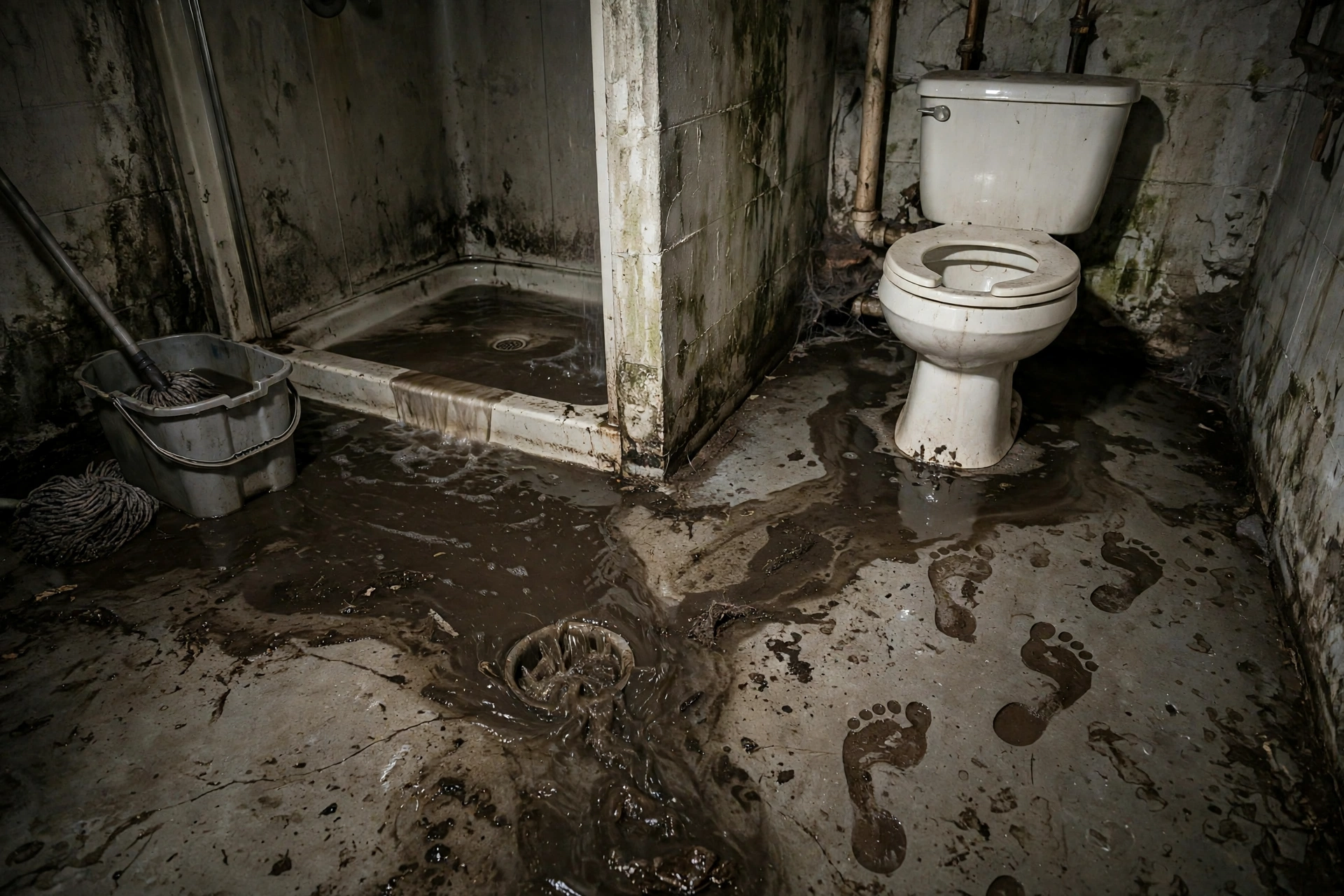 Sewage backup flooding a bathroom floor with contaminated black water