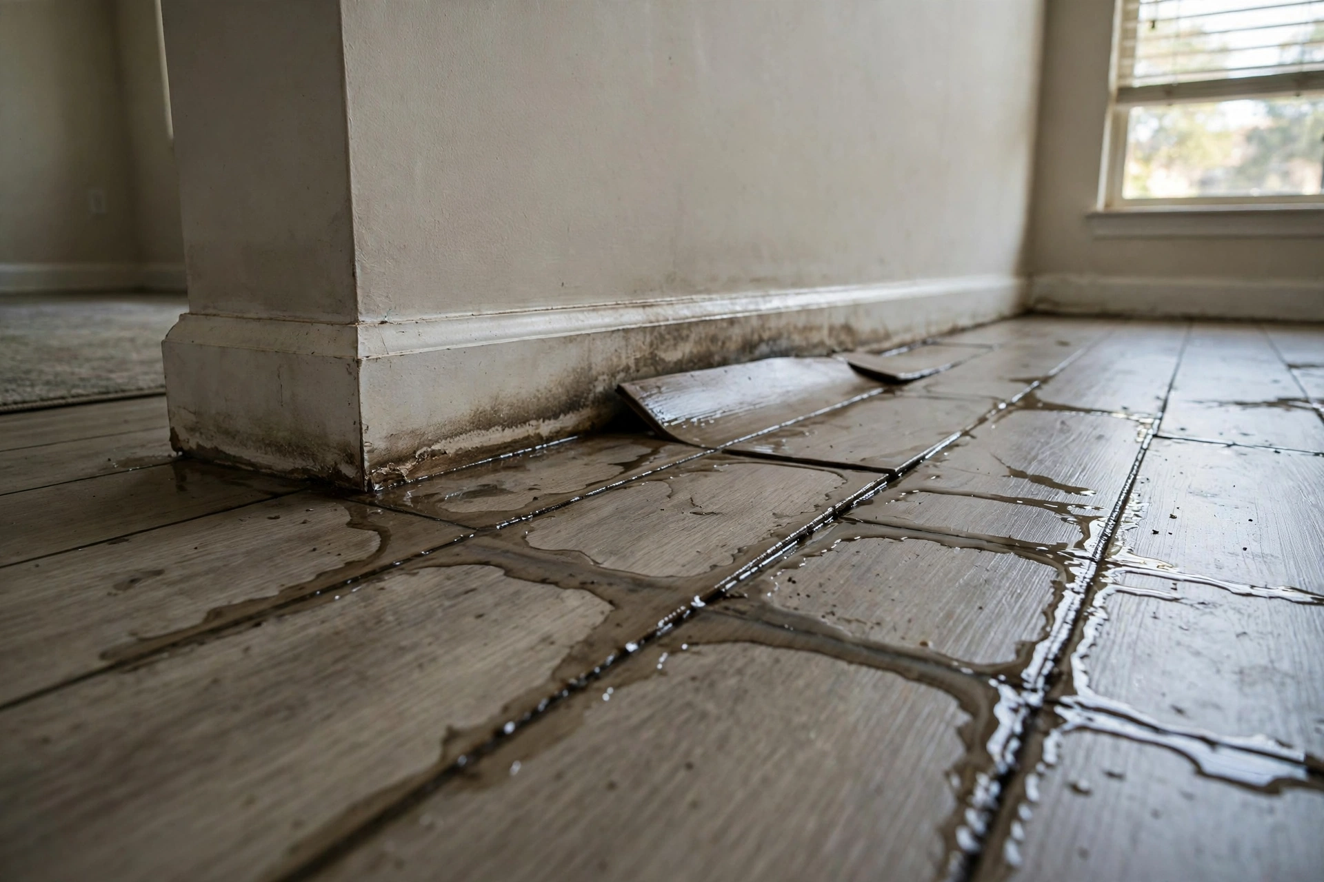 Water seeping up through vinyl plank flooring seams from a slab leak