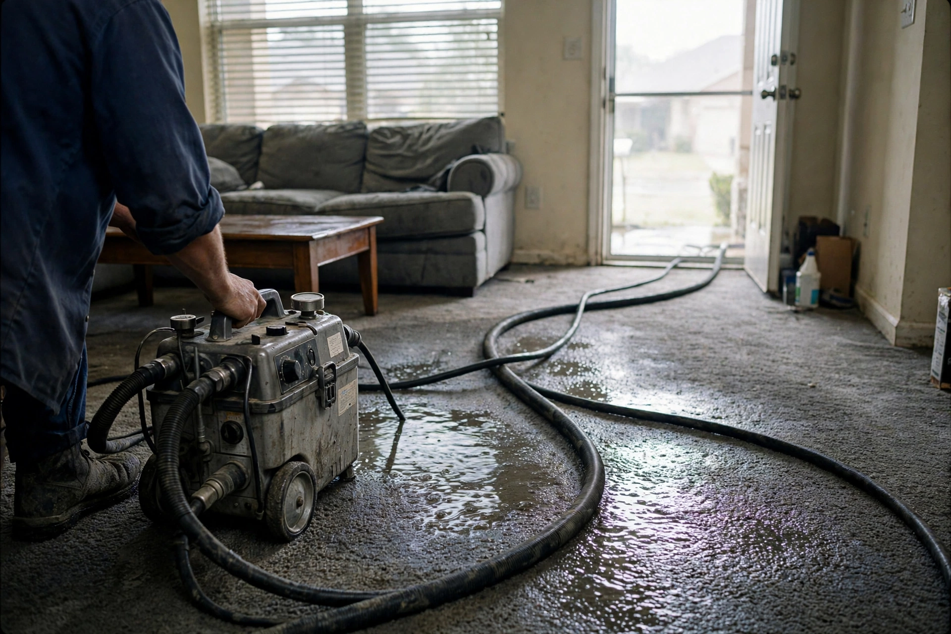 Restoration technician operating a portable water extractor in a flooded Texas living room
